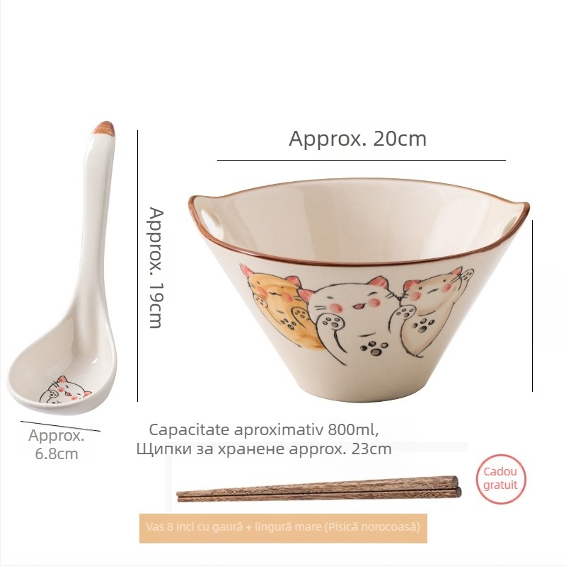 Vas de noodle din porțelan, stil japonez, cu mânere duble, formă neregulată, finisaj sub glazură, compatibil cu microunde