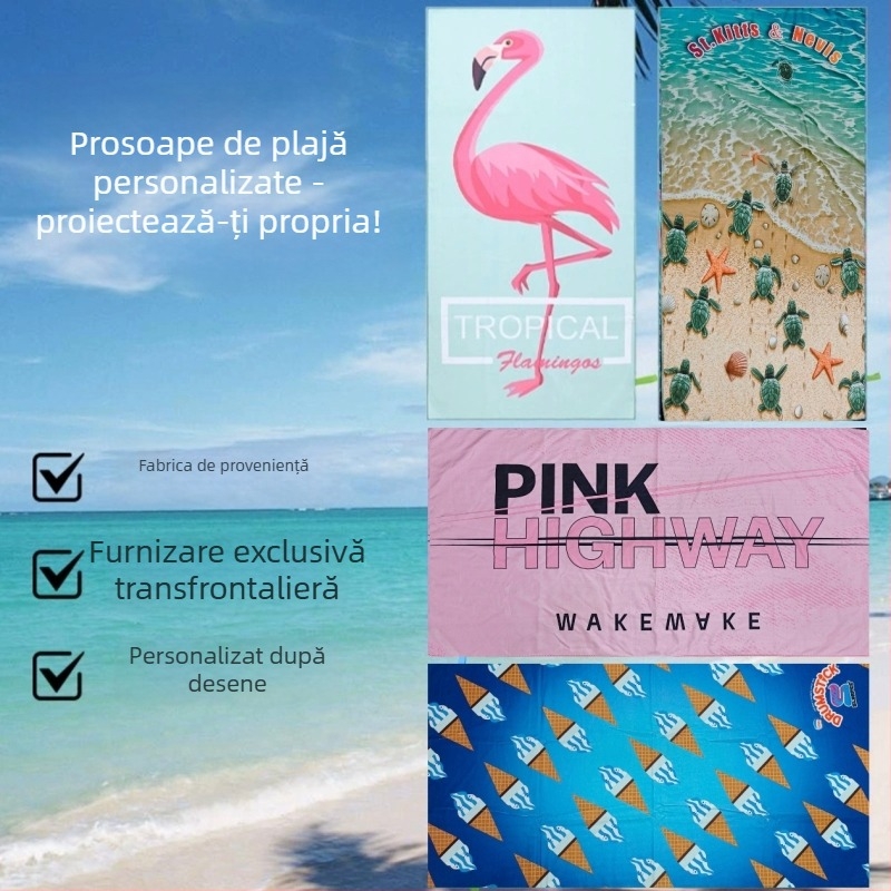 Prosop de plajă din microfibră, 32 fire, finisaj velur tăiat, 250 g/m², absorbție 11–15 s