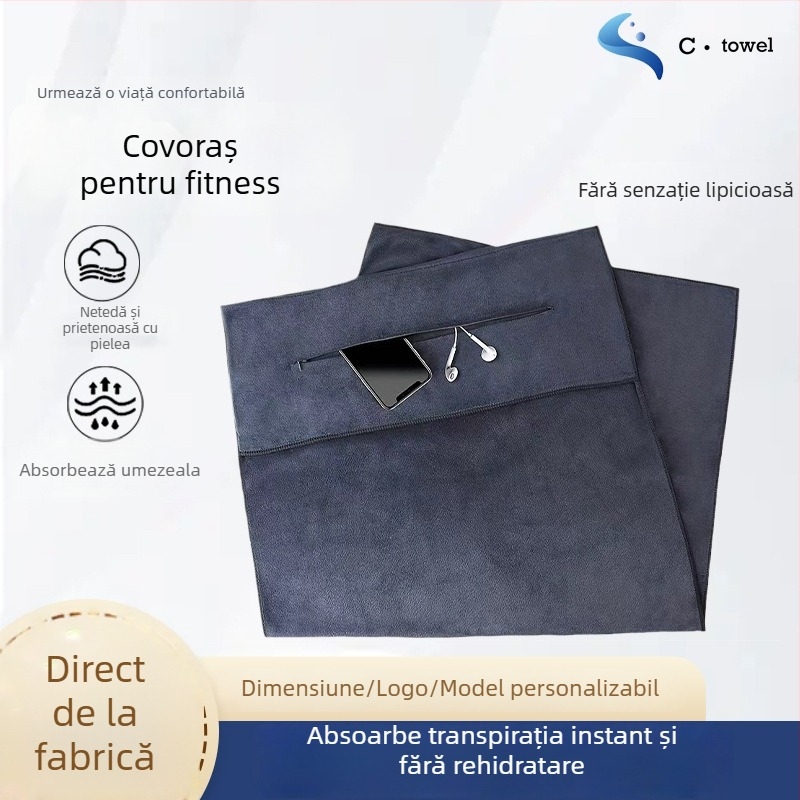 Prosop de sport cu buzunar cu fermoar, microfibră, uscare rapidă, absorbție a umezelii în 0-5 s, greutate 400 g