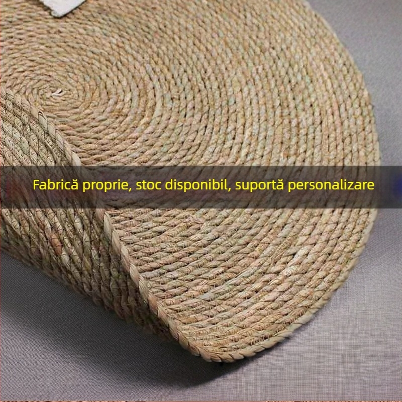 Covoraș rotund din paie, împletit natural cu sfoară de cattail, model uni, curățare cu aspirator, IN style