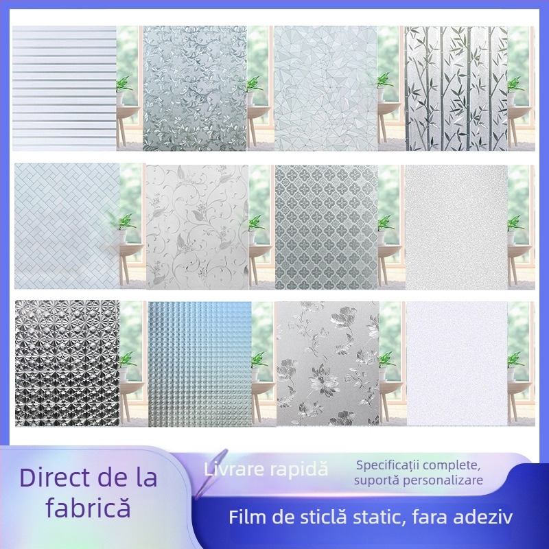 Folie de privacy pentru ferestre din sticlă mată – rolă PVC, fixare electrostatică, compoziție 95% PVC / 5% PET, stil modern minimalist, potrivită pentru baie, dormitor și alte spații