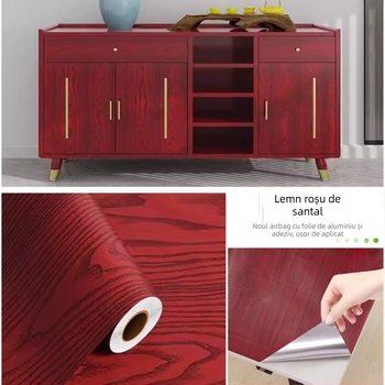Folie autocolantă cu aspect lemn pentru renovarea mobilierului — suprafață simulată din lemn, stil modern minimalist, potrivită pentru uși, rame, dulapuri și birouri