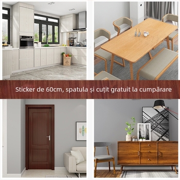 Folie autocolantă cu aspect lemn pentru renovarea mobilierului — suprafață simulată din lemn, stil modern minimalist, potrivită pentru uși, rame, dulapuri și birouri