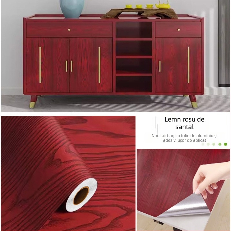 Folie autocolantă cu aspect lemn pentru renovarea mobilierului — suprafață simulată din lemn, stil modern minimalist, potrivită pentru uși, rame, dulapuri și birouri