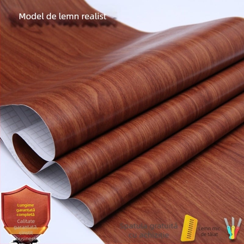 Folie autocolantă cu aspect lemn pentru renovarea mobilierului — suprafață simulată din lemn, stil modern minimalist, potrivită pentru uși, rame, dulapuri și birouri