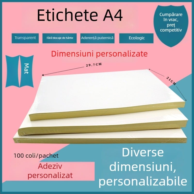 Hârtie autocolantă A4, pentru scriere și imprimare, dimensiuni 210 x 297 mm