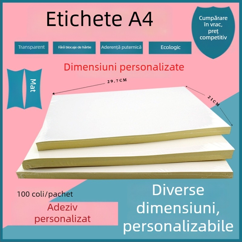 Hârtie autocolantă A4, pentru scriere și imprimare, dimensiuni 210 x 297 mm