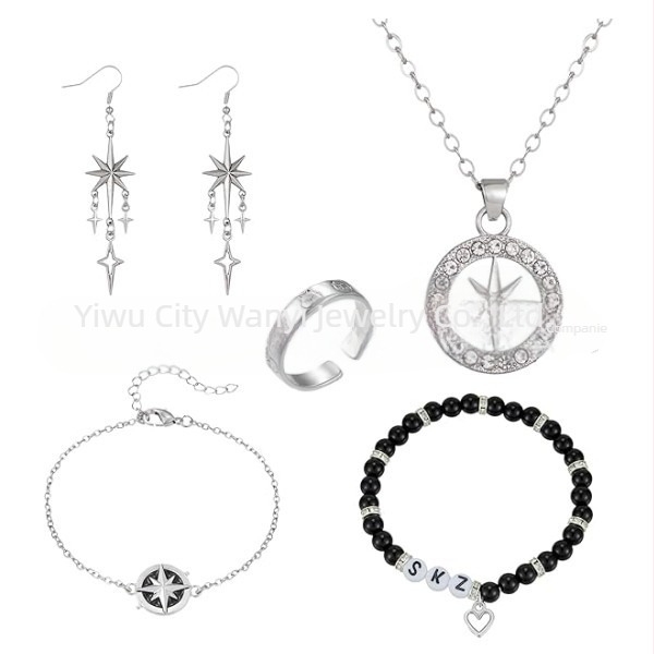 Set brățară cu pandantiv în formă de stea și cercei clip din aliaj, unisex, stil office, lansare iarnă 2024