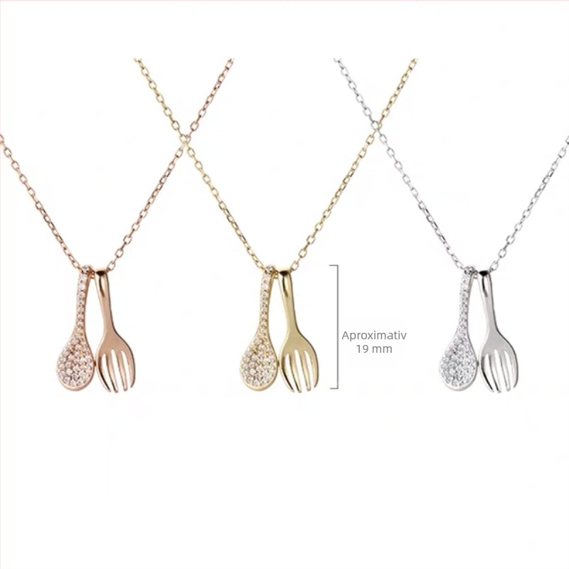 Colier cu pandantiv lingură-furculiță, argint 925, realizare manuală, lanț încrucișat, stil proaspăt și dulce