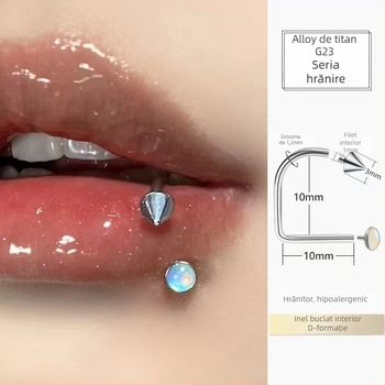 Știft buze cu filet interior din aliaj de titan, inel tip D și vârf conic, zirconiu 5A, prelucrare diamant