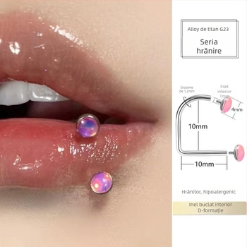 Știft buze cu filet interior din aliaj de titan, inel tip D și vârf conic, zirconiu 5A, prelucrare diamant