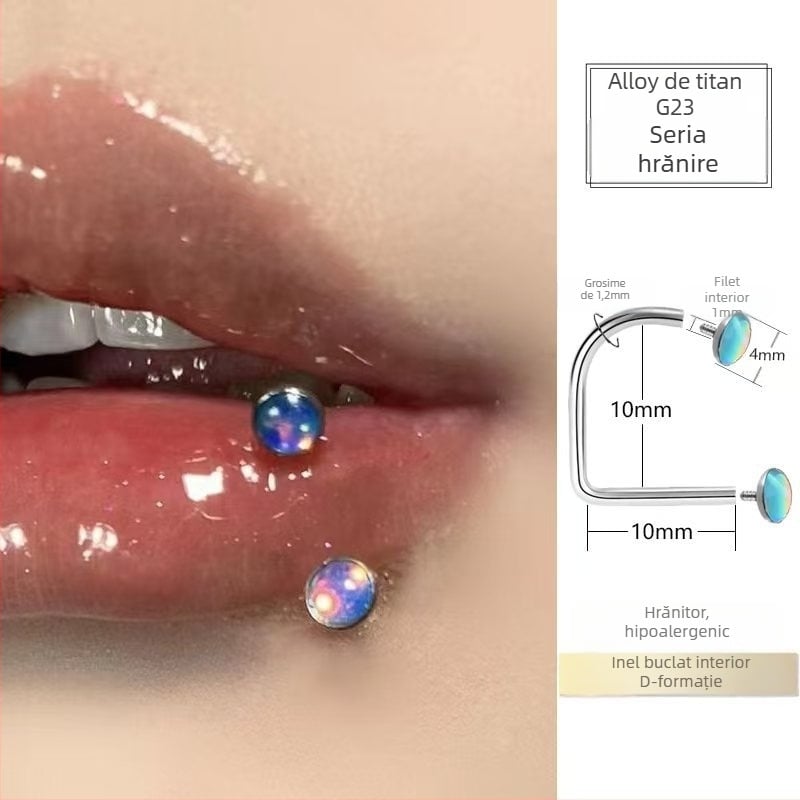 Știft buze cu filet interior din aliaj de titan, inel tip D și vârf conic, zirconiu 5A, prelucrare diamant