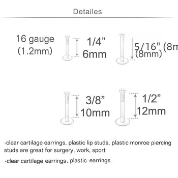 Set de 16 bijuterii acrilice pentru piercing la buze și nas, lustruite, unisex, ambalare en gros