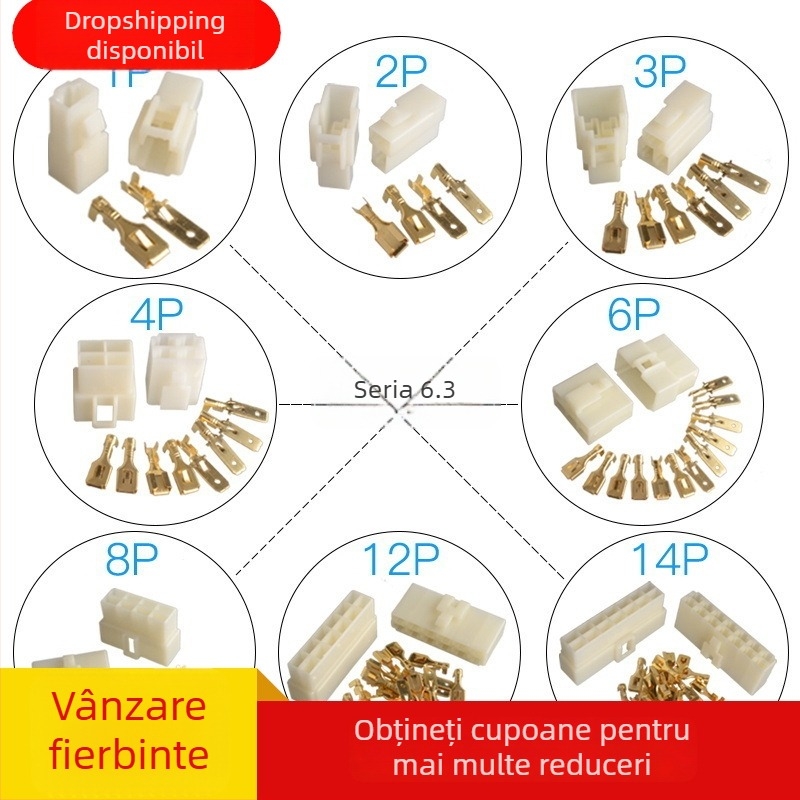 Set de conectori auto seria 6.3, conectori de tip masculin și feminin, cu înveliș de cablu, pentru instalații auto