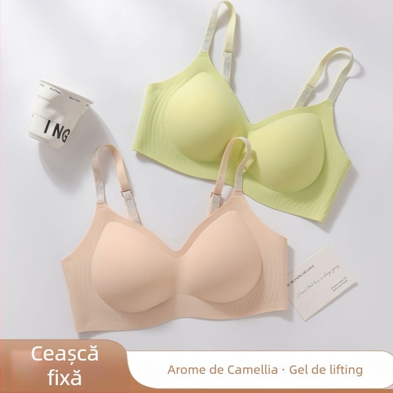 Sutien Camellia fără cusături, susținere moale, push-up anti-gravitațional, respirabil și confortabil; cupe 3/4, model subțire din nylon; bretele fixe duble; închidere spate cu trei rânduri de cârlige