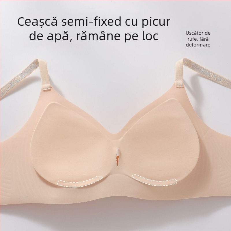 Sutien Camellia fără cusături, susținere moale, push-up anti-gravitațional, respirabil și confortabil; cupe 3/4, model subțire din nylon; bretele fixe duble; închidere spate cu trei rânduri de cârlige