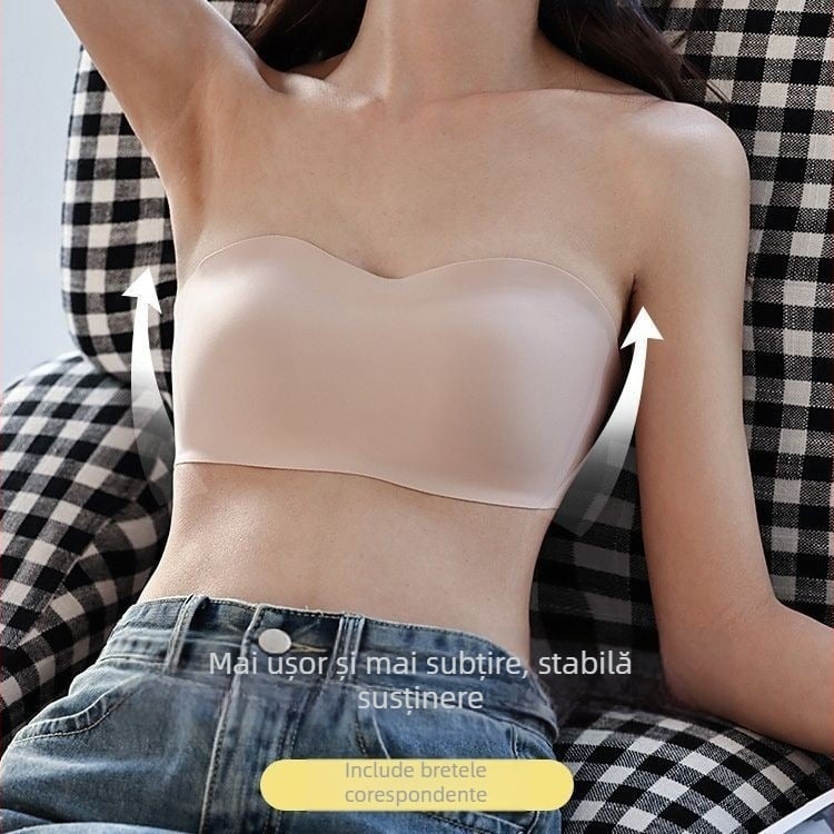 Sutien fără bretele, fără cusături, cu bandă gel pentru adunare și ridicare, cupă subțire modelată, închidere pe spate cu trei rânduri de cârlige