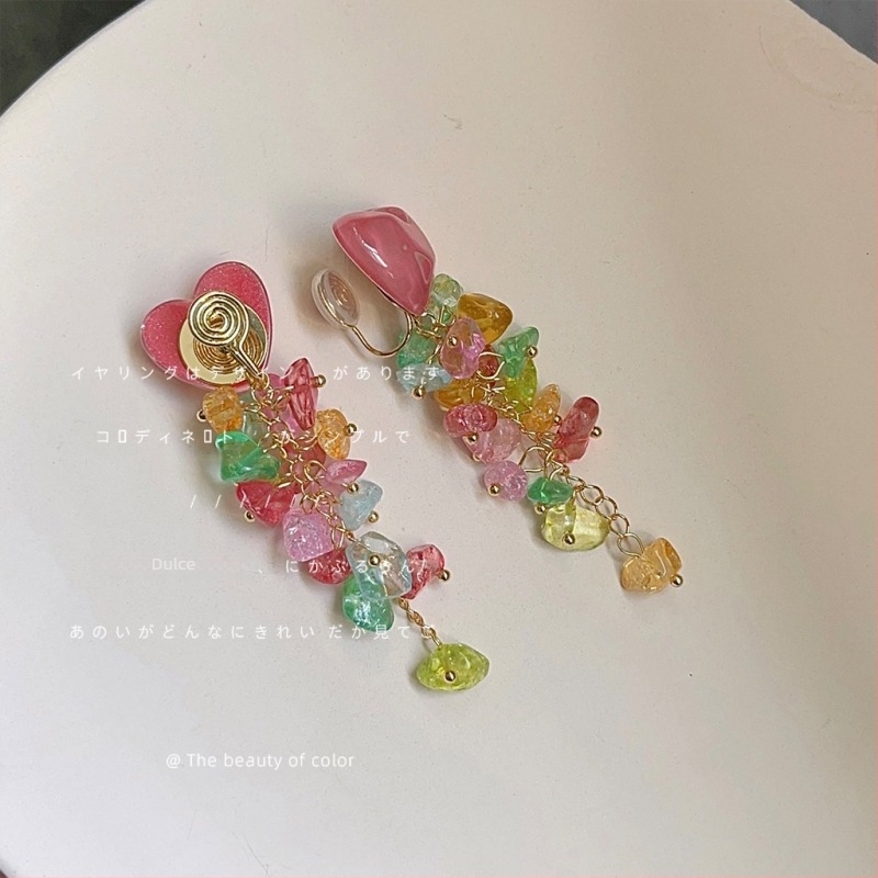 Cercei clip cu ciucuri lungi, stil Mori, lucrate manual; material: pietriș; stil: femei, vânt de vacanță; proaspăt și dulce