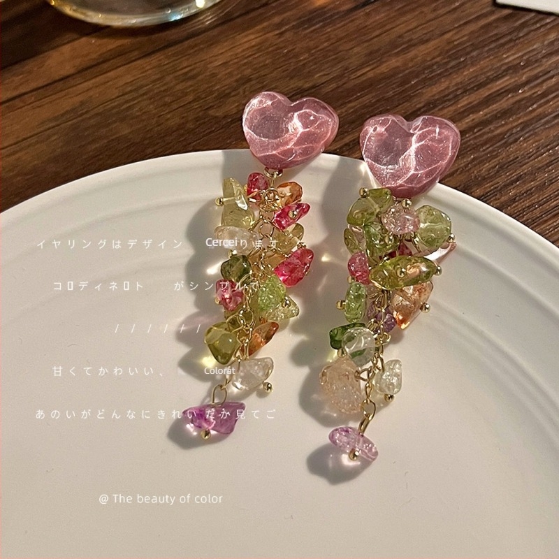 Cercei clip cu ciucuri lungi, stil Mori, lucrate manual; material: pietriș; stil: femei, vânt de vacanță; proaspăt și dulce