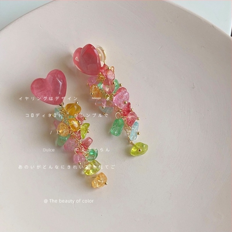 Cercei clip cu ciucuri lungi, stil Mori, lucrate manual; material: pietriș; stil: femei, vânt de vacanță; proaspăt și dulce