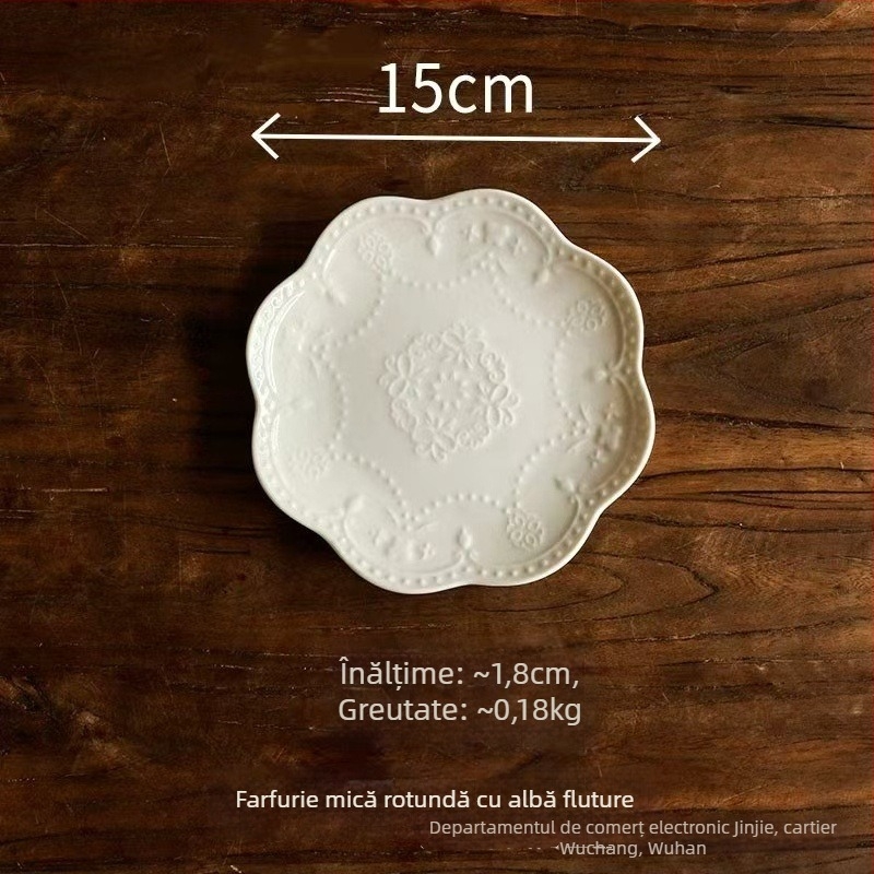 Farfurie din porțelan, finisaj glazurat la cuptor, model în dungi, formă tip dantelă, stil retro-lux