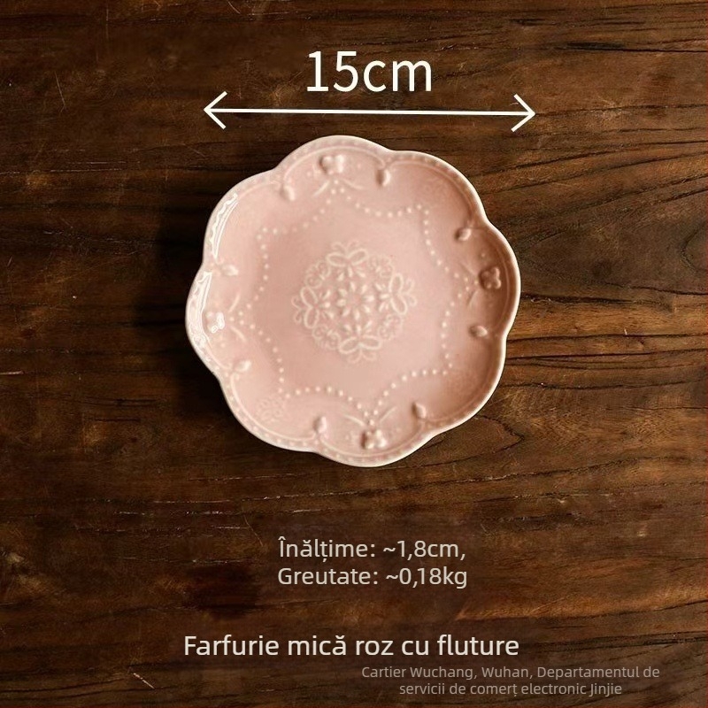 Farfurie din porțelan, finisaj glazurat la cuptor, model în dungi, formă tip dantelă, stil retro-lux