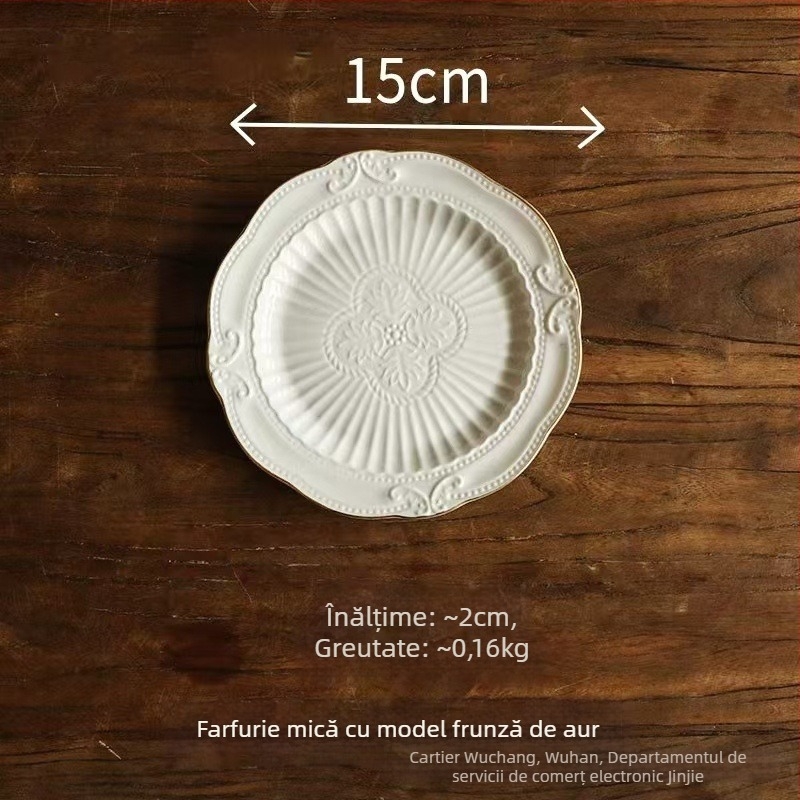 Farfurie din porțelan, finisaj glazurat la cuptor, model în dungi, formă tip dantelă, stil retro-lux