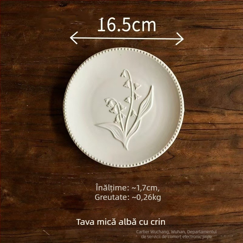 Farfurie din porțelan, finisaj glazurat la cuptor, model în dungi, formă tip dantelă, stil retro-lux