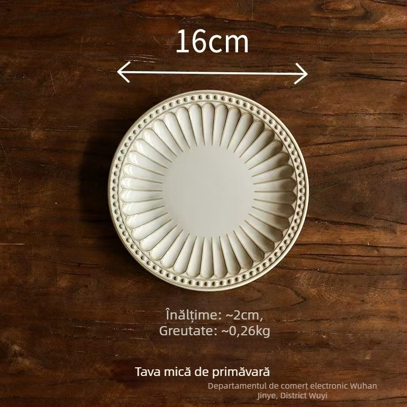 Farfurie din porțelan, finisaj glazurat la cuptor, model în dungi, formă tip dantelă, stil retro-lux