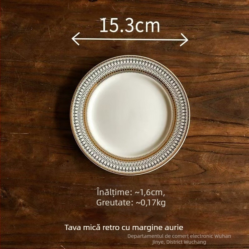 Farfurie din porțelan, finisaj glazurat la cuptor, model în dungi, formă tip dantelă, stil retro-lux