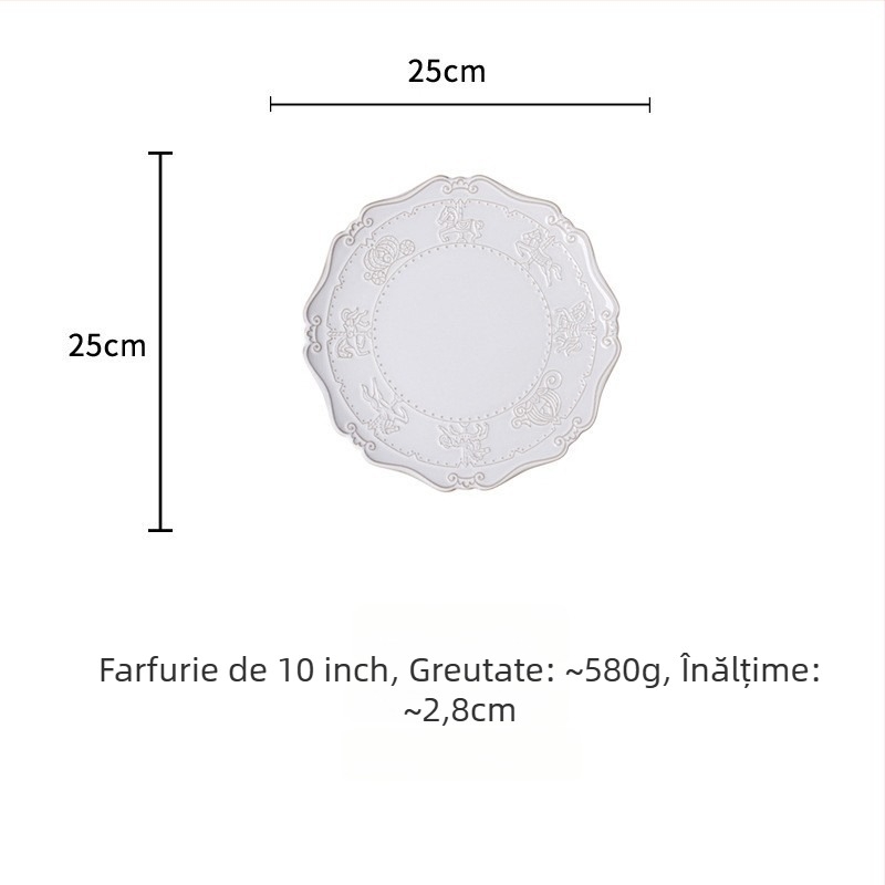 Farfurie din porțelan, finisaj glazurat la cuptor, model în dungi, formă tip dantelă, stil retro-lux