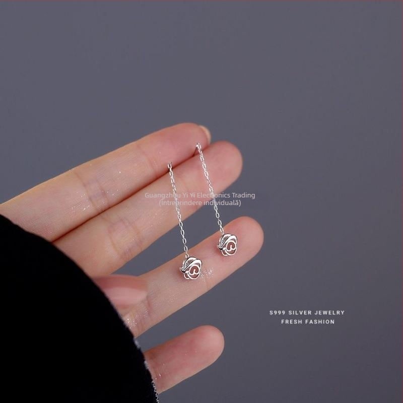 Cercei din argint pur S999, motiv trandafir, cioplit, stil minimalist modern