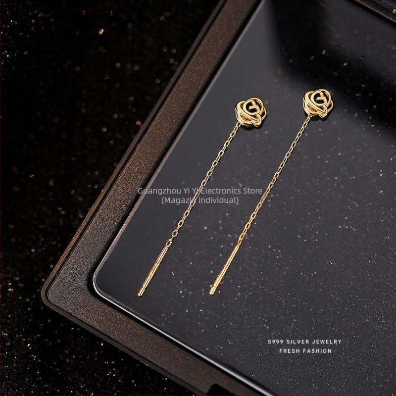 Cercei din argint pur S999, motiv trandafir, cioplit, stil minimalist modern