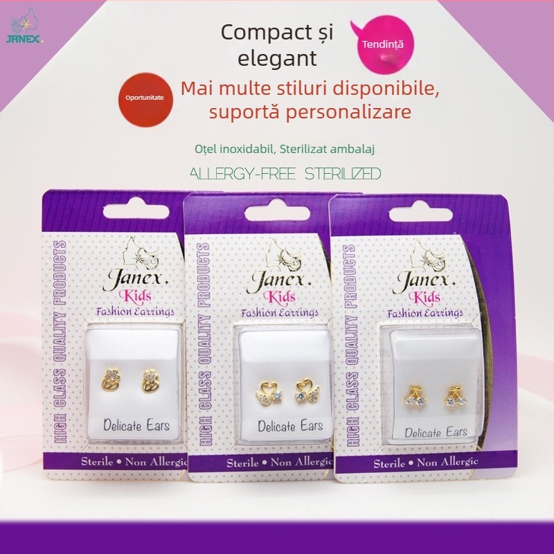Cercei cu șurub JANEX, stil coreean, oțel inoxidabil, inserții placate cu aur cu pietre artificiale, model R201222