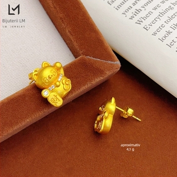 Cercei în stil pastoral, cu temă pisică norocoasă, tijă din oțel inoxidabil, drăguți și dulci, pentru copii