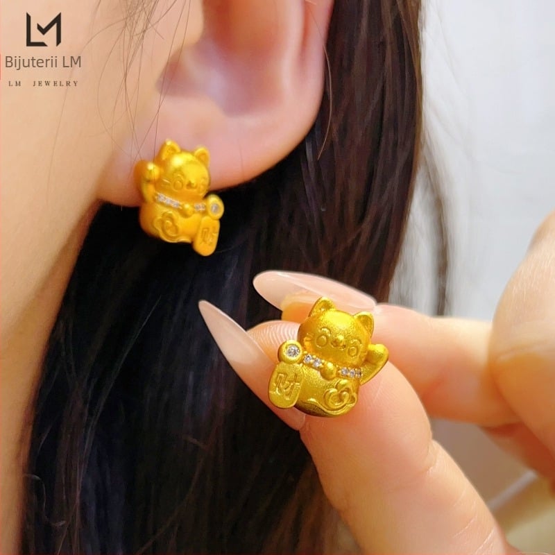 Cercei în stil pastoral, cu temă pisică norocoasă, tijă din oțel inoxidabil, drăguți și dulci, pentru copii