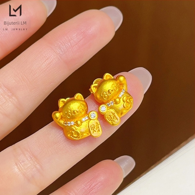 Cercei în stil pastoral, cu temă pisică norocoasă, tijă din oțel inoxidabil, drăguți și dulci, pentru copii