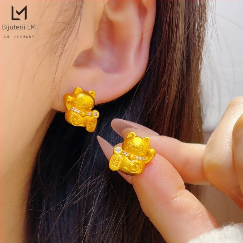 Cercei în stil pastoral, cu temă pisică norocoasă, tijă din oțel inoxidabil, drăguți și dulci, pentru copii