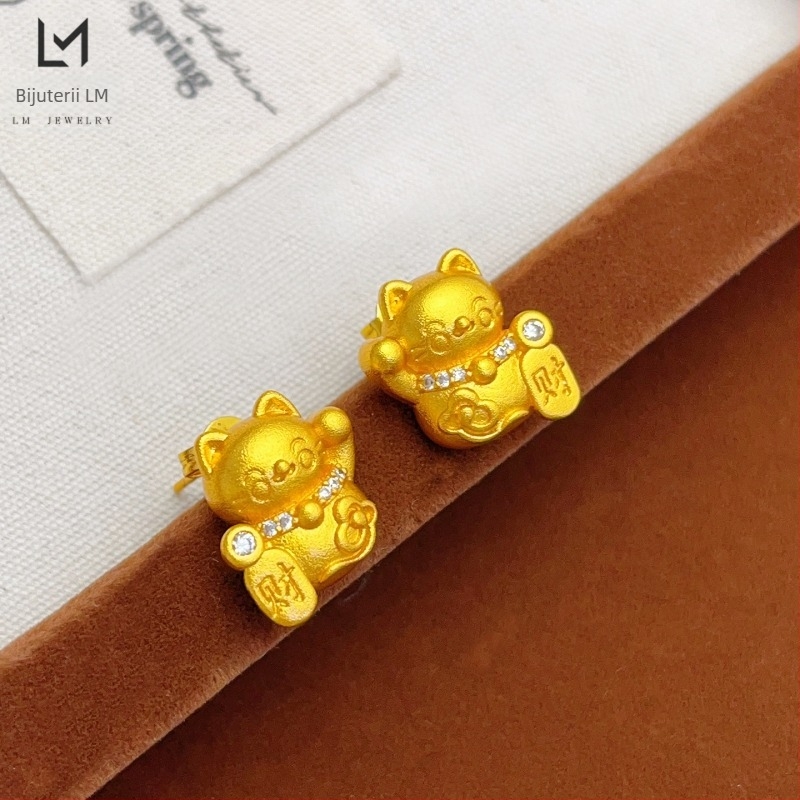 Cercei în stil pastoral, cu temă pisică norocoasă, tijă din oțel inoxidabil, drăguți și dulci, pentru copii