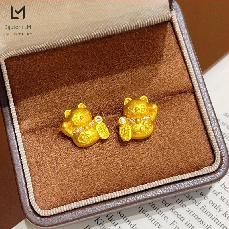 Cercei în stil pastoral, cu temă pisică norocoasă, tijă din oțel inoxidabil, drăguți și dulci, pentru copii