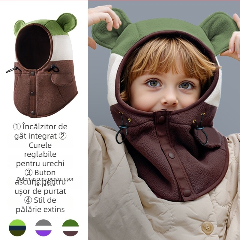 Șapcă cu glugă pentru iarnă, cu fular integrat și protecție pentru urechi, poliester, formă cupolă, pentru 2-4, 4-6, 8-10 și peste 10 ani