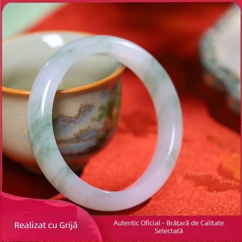 Brățară din jad Tianshan Cui pentru femei – jad natural jadeit, bandă plată, model cu flori plutitoare