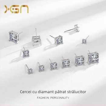 Cercei din argint 925, diamant pătrat, montură cu patru gheare, unisex, minimalist, diamant sintetic