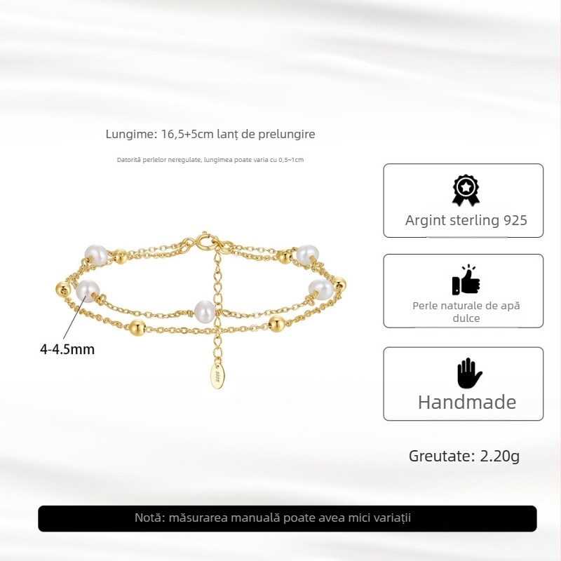 Brățară din argint 925 cu perle de cultură de apă dulce, lanț dublu înfășurat, design elegant vintage pentru femei (Argint 925; Perle de cultură apă dulce; Lanț dublu înfășurat; Pentru femei)