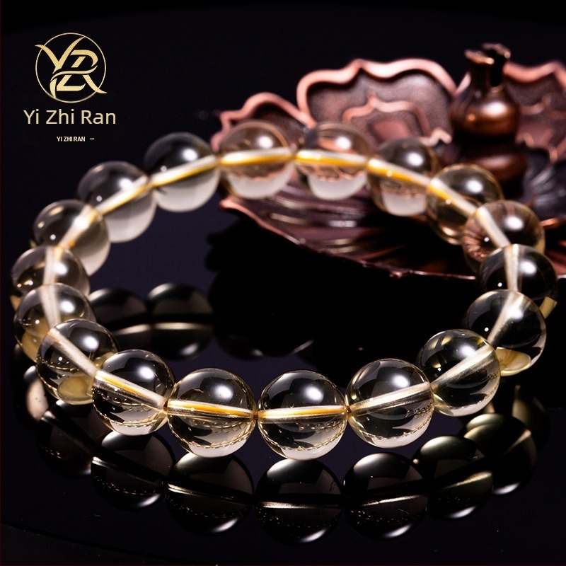 Brățară din cristal de citrin cu mărgele rotunde, unisex, stil natural, finisaj șlefuit și lustruit.