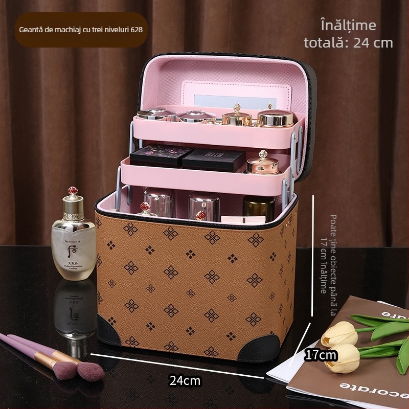 Casetă de machiaj cu mai multe compartimente, portabilă, capacitate mare, PVC, cu oglindă