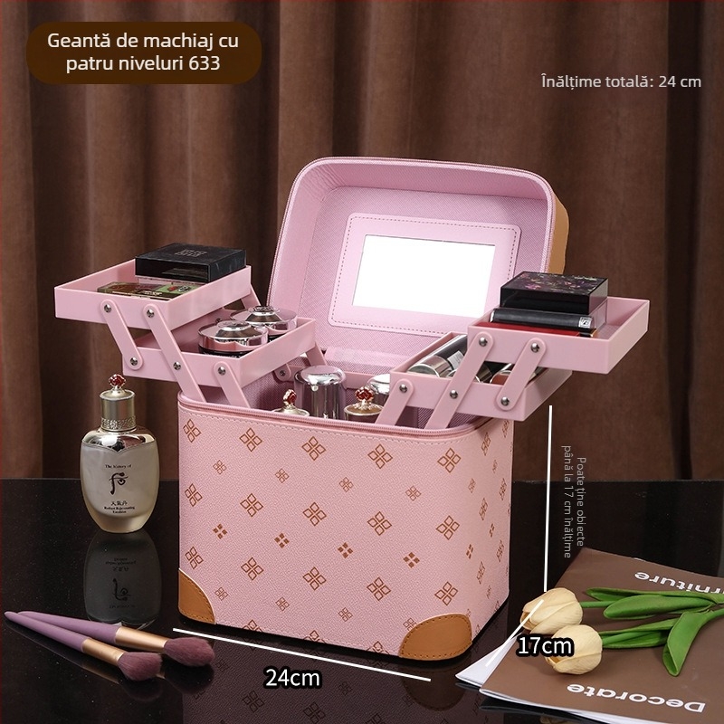 Casetă de machiaj cu mai multe compartimente, portabilă, capacitate mare, PVC, cu oglindă