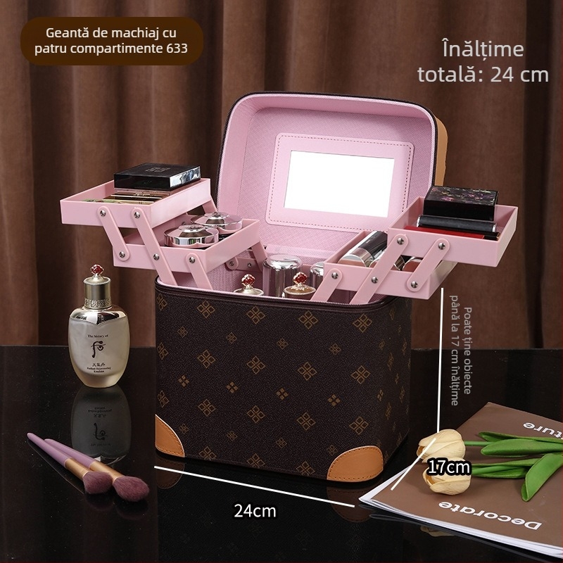 Casetă de machiaj cu mai multe compartimente, portabilă, capacitate mare, PVC, cu oglindă