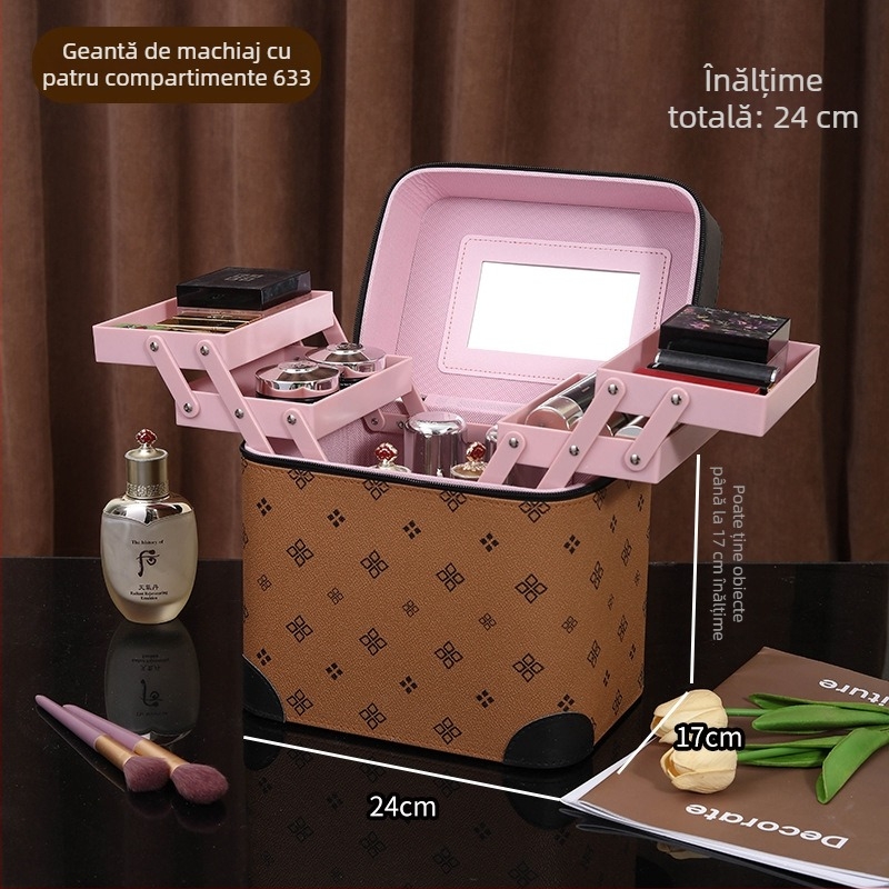 Casetă de machiaj cu mai multe compartimente, portabilă, capacitate mare, PVC, cu oglindă