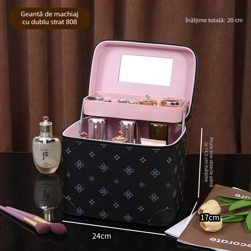 Casetă de machiaj cu mai multe compartimente, portabilă, capacitate mare, PVC, cu oglindă